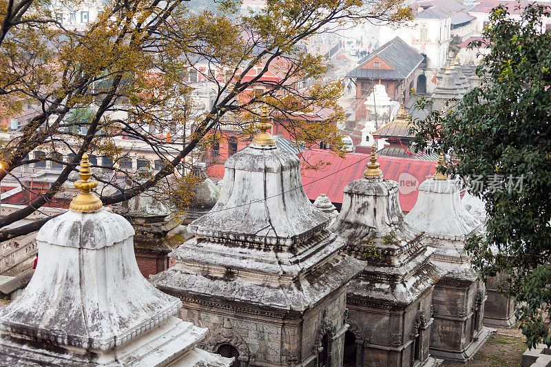 尼泊尔加德满都Pashupatinath神庙和Bagmati河上的Bhasmeshvar Ghat。